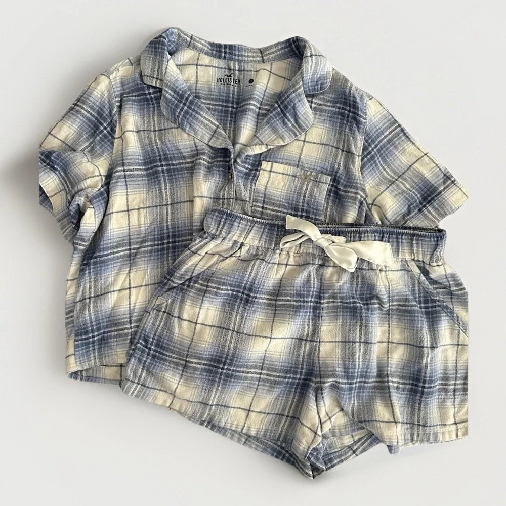 Hollister Pajama Set Womens Small Blue Plaid Sleepwear Shorts Lounge Soft Skater